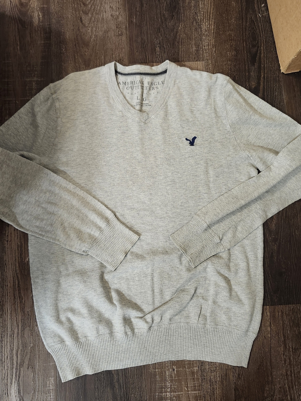 American Eagle Outfitters Gray V-Neck Sweater with Navy Logo